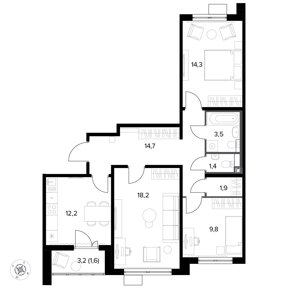 3 комн. квартира, 78.7 м², 16 этаж 