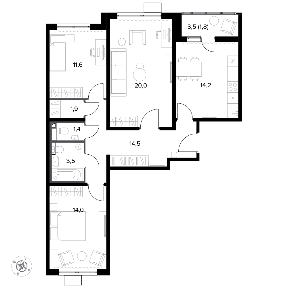 3 комн. квартира, 84 м², 4 этаж 