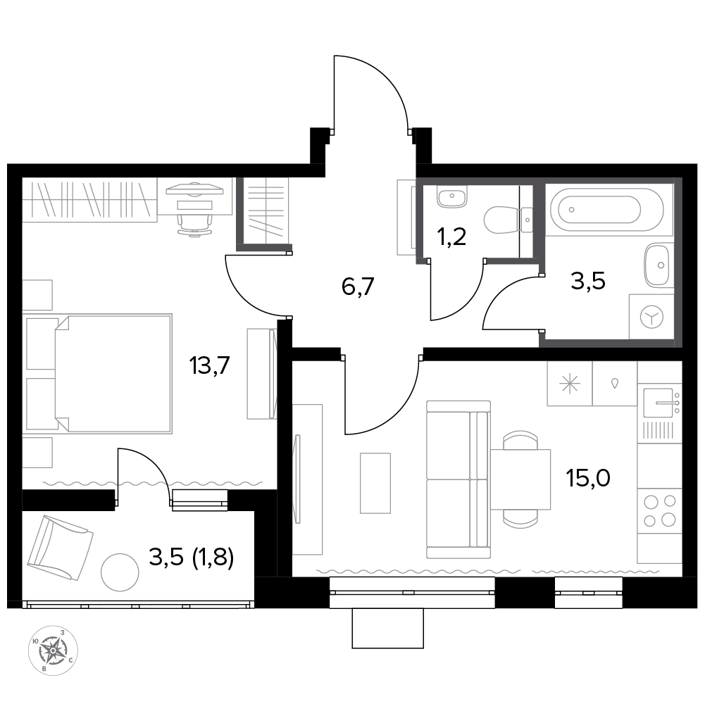 1 комн. квартира, 42.9 м², 5 этаж 
