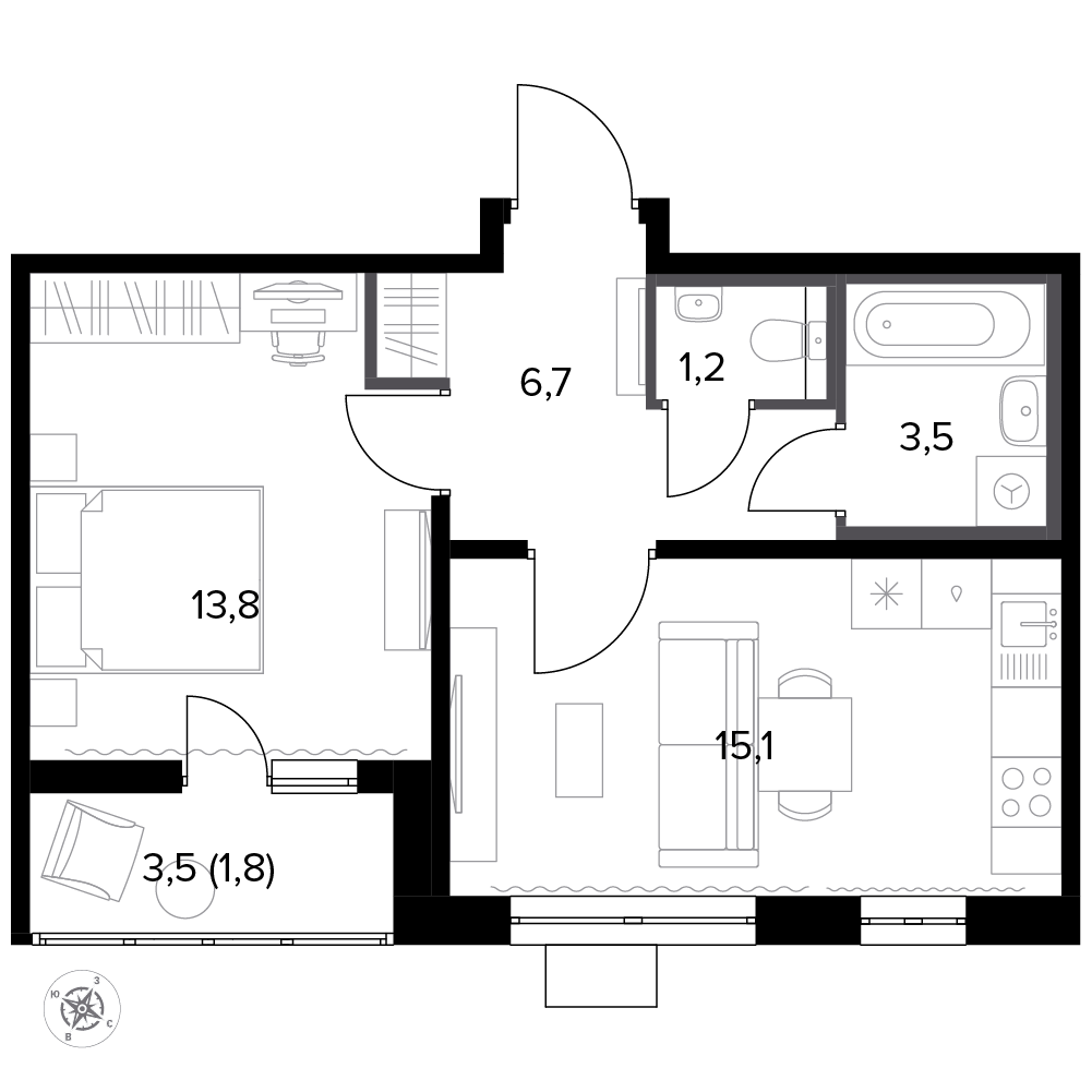 1 комн. квартира, 43.4 м², 18 этаж 