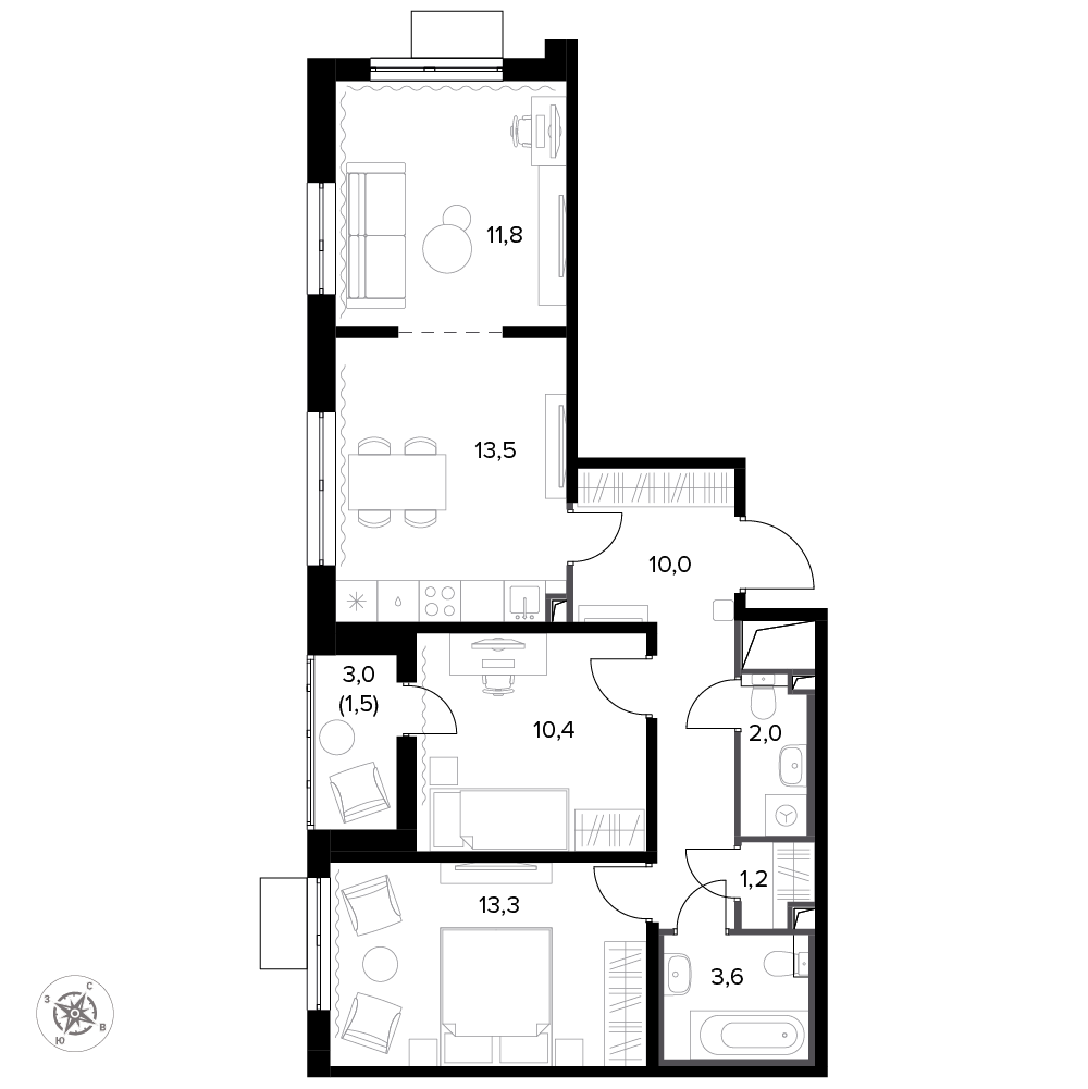 3 комн. квартира, 68.3 м², 14 этаж 