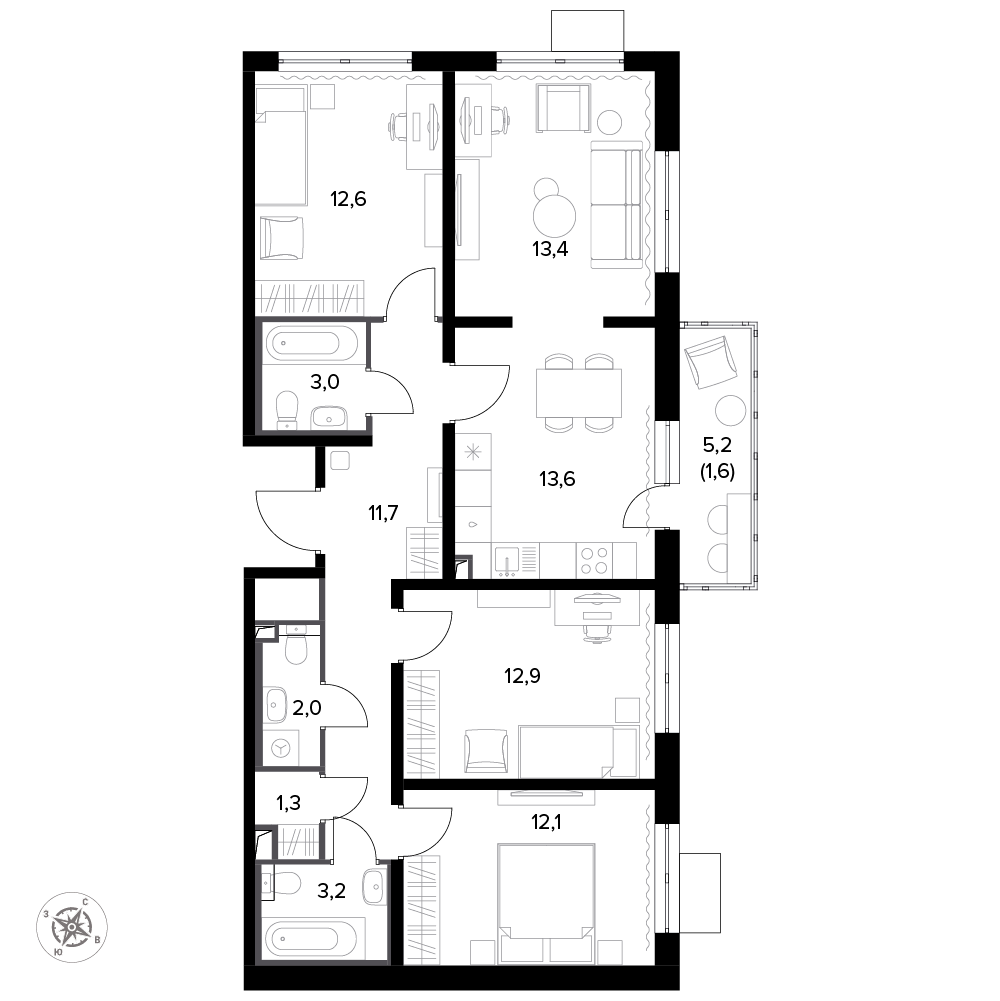 4 комн. квартира, 89.3 м², 3 этаж 