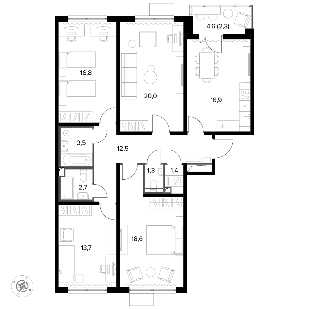 4 комн. квартира, 111.4 м², 5 этаж 