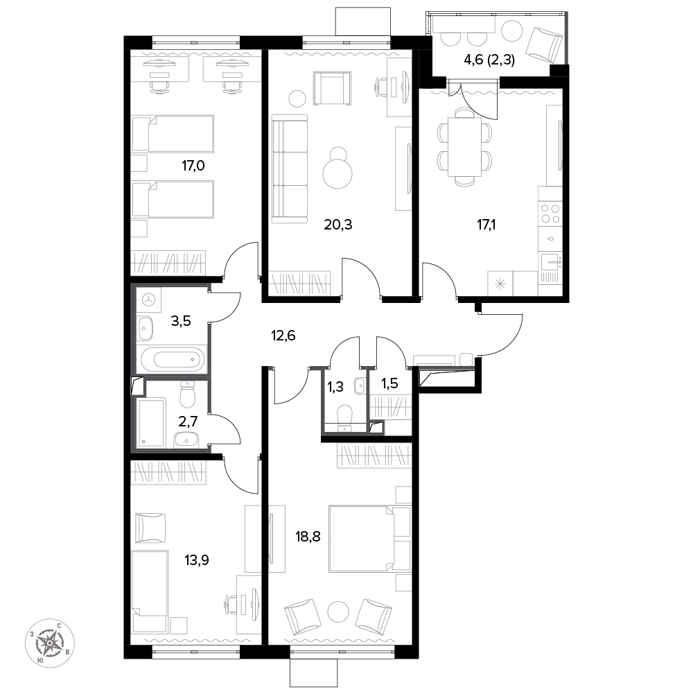 4 комн. квартира, 112.8 м², 8 этаж 