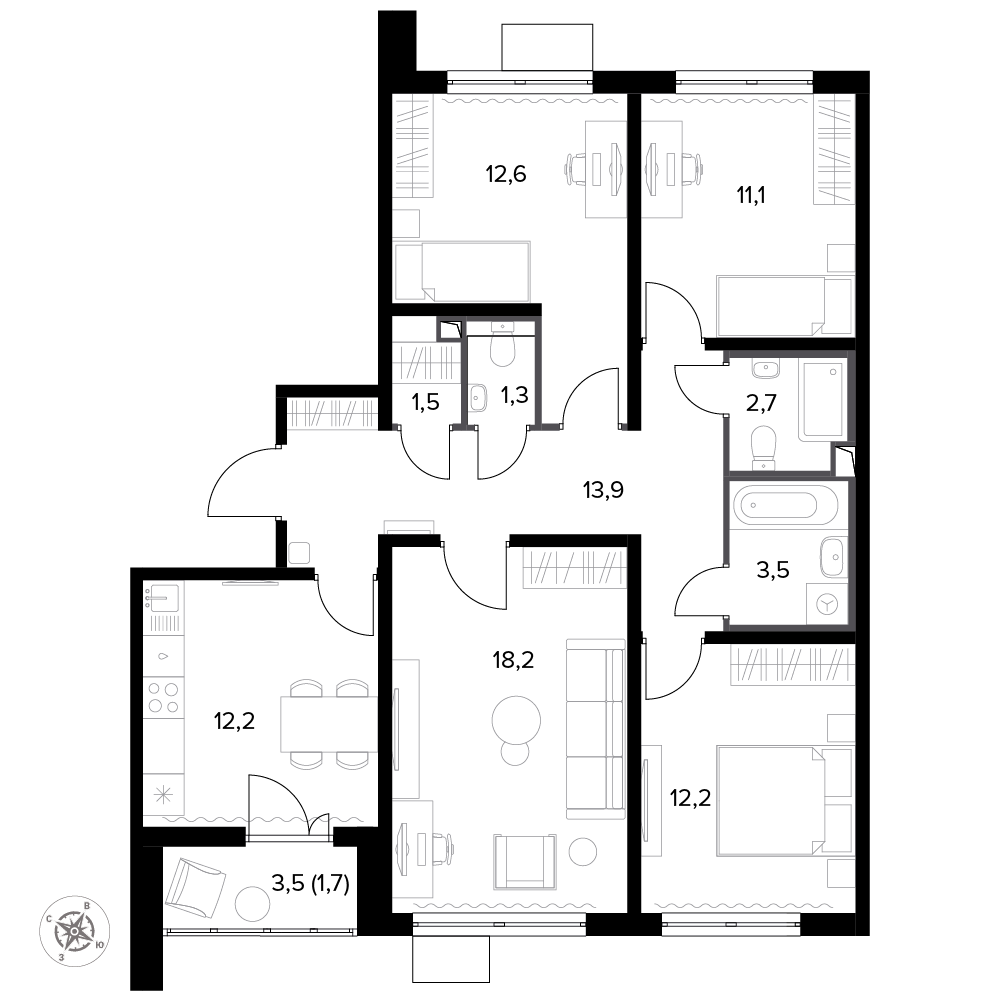 4 комн. квартира, 92 м², 12 этаж 