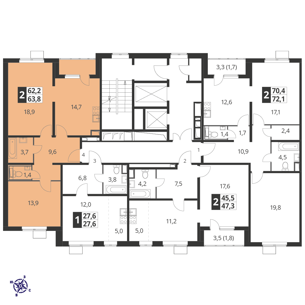 2 комн. квартира, 63.2 м², 12 этаж 