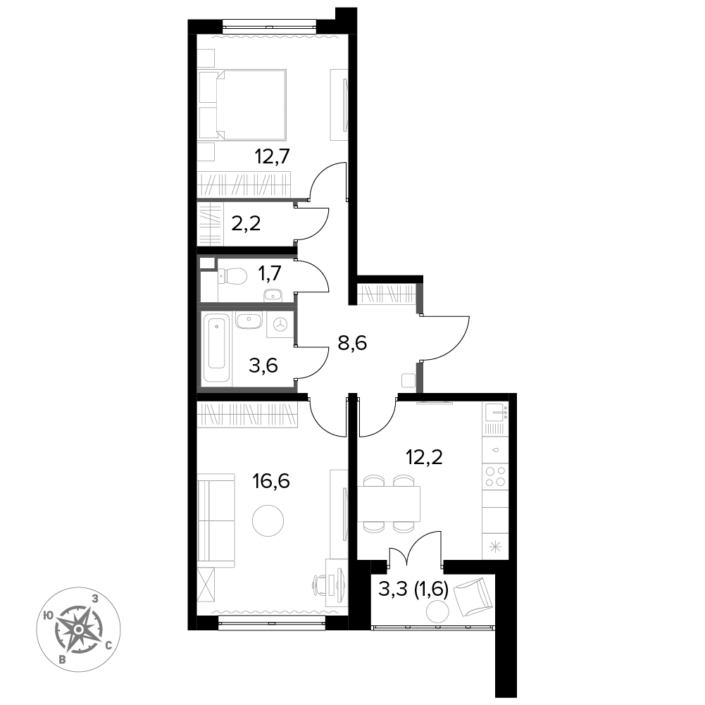 2 комн. квартира, 60.5 м², 18 этаж 