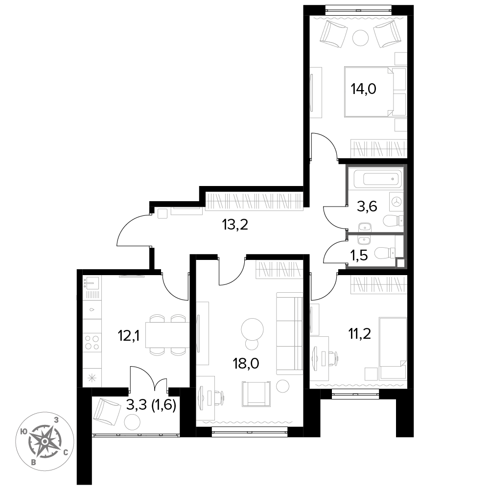 3 комн. квартира, 76 м², 3 этаж 