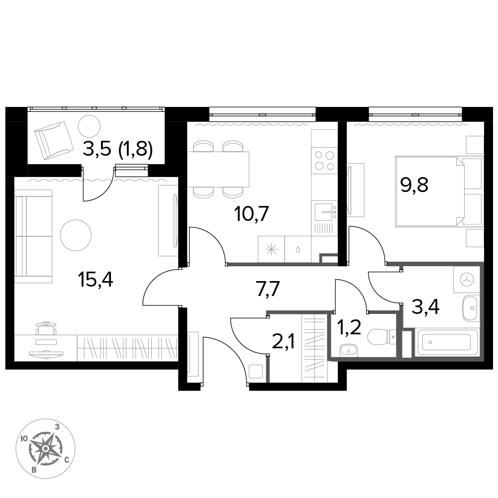 2 комн. квартира, 52.9 м², 8 этаж 