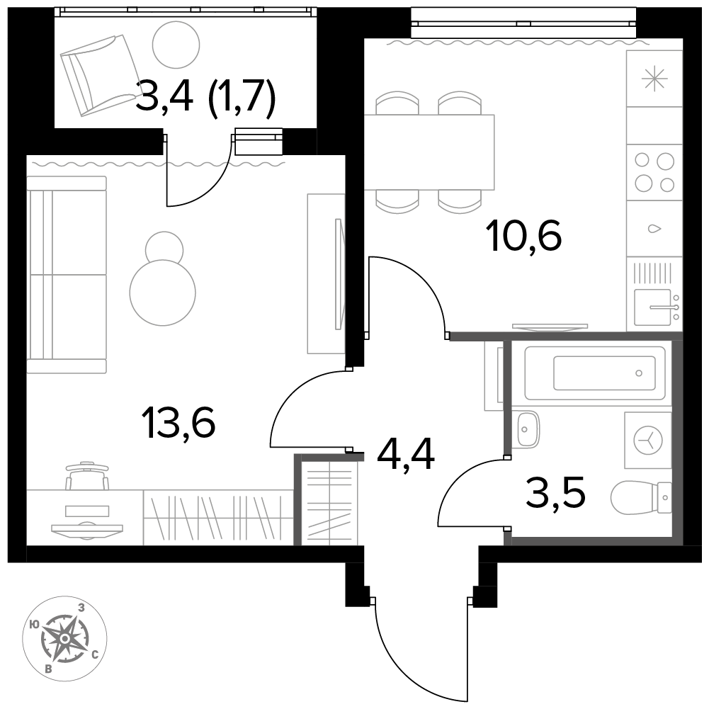 1 комн. квартира, 34.1 м², 9 этаж 