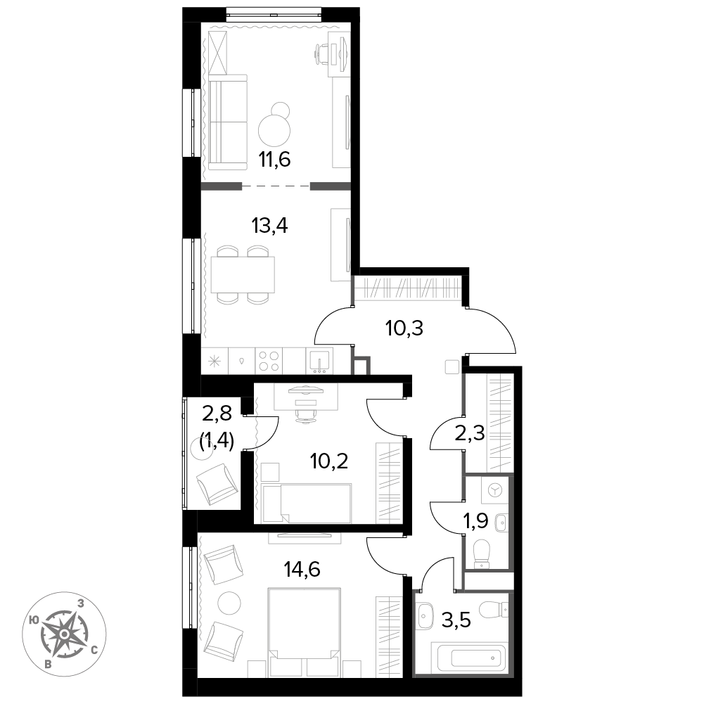 3 комн. квартира, 70.3 м², 10 этаж 