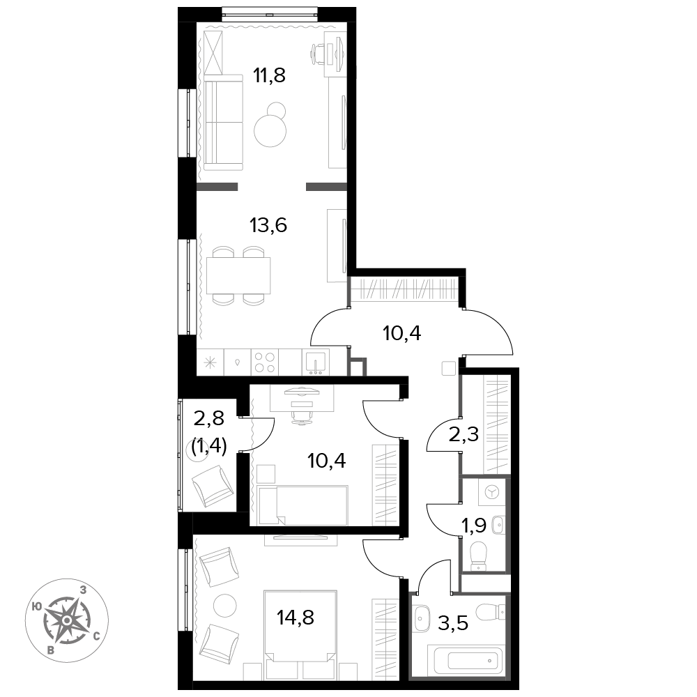 3 комн. квартира, 71.1 м², 16 этаж 