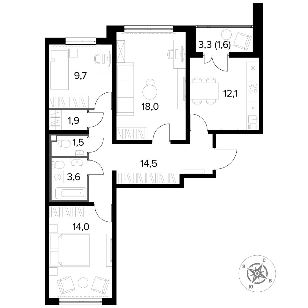 3 комн. квартира, 77.8 м², 6 этаж 