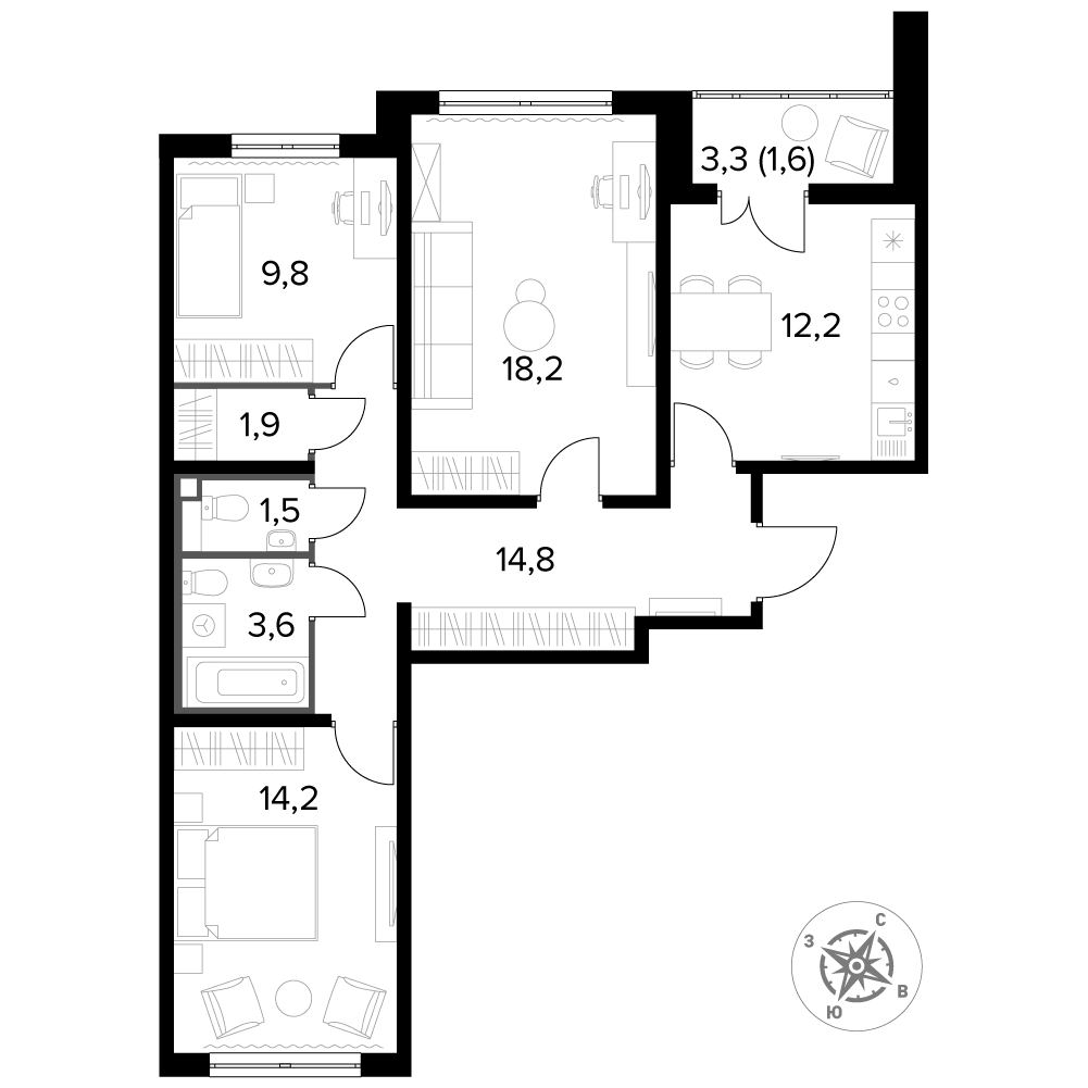 3 комн. квартира, 78.4 м², 14 этаж 