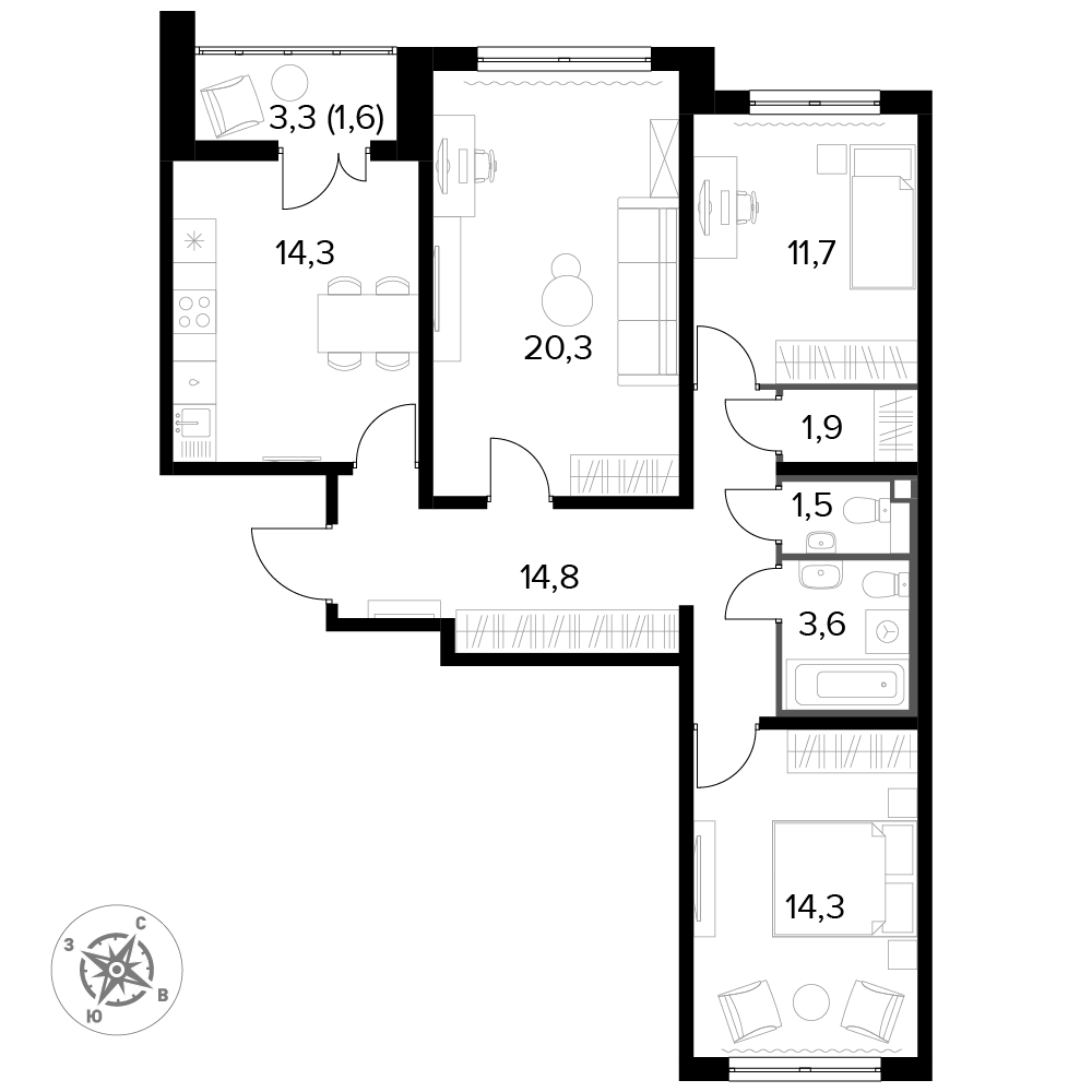 3 комн. квартира, 84.6 м², 15 этаж 