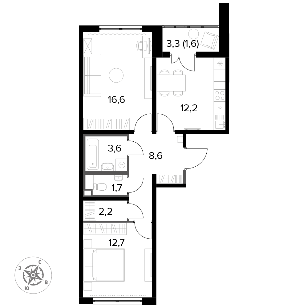 2 комн. квартира, 60.2 м², 13 этаж 