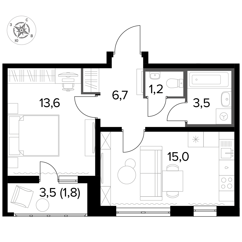1 комн. квартира, 42.4 м², 6 этаж 