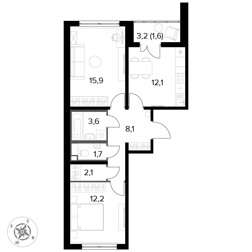 2 комн. квартира, 58.3 м², 7 этаж 