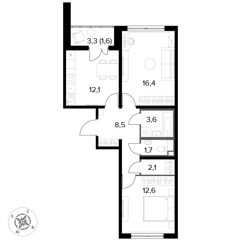 2 комн. квартира, 59.6 м², 9 этаж 