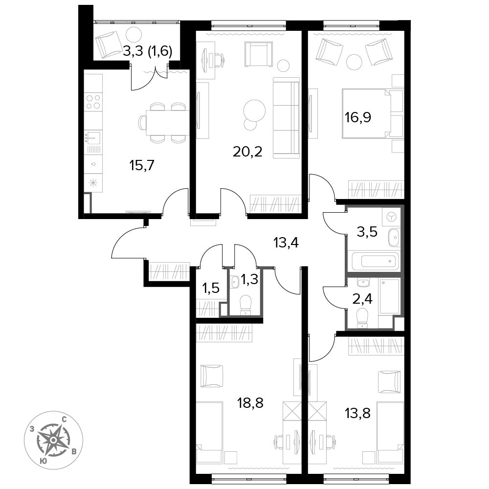 4 комн. квартира, 110.4 м², 20 этаж 