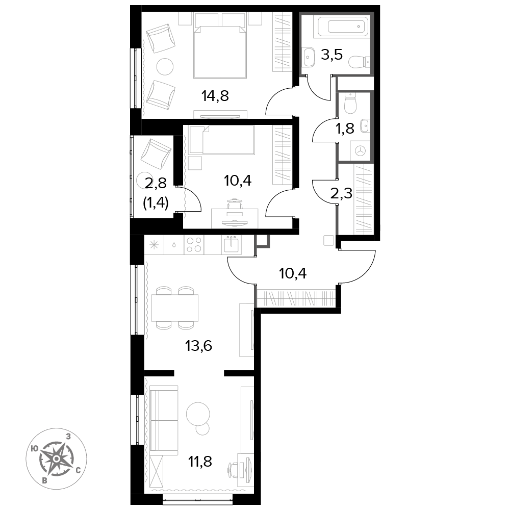 3 комн. квартира, 71.2 м², 19 этаж 