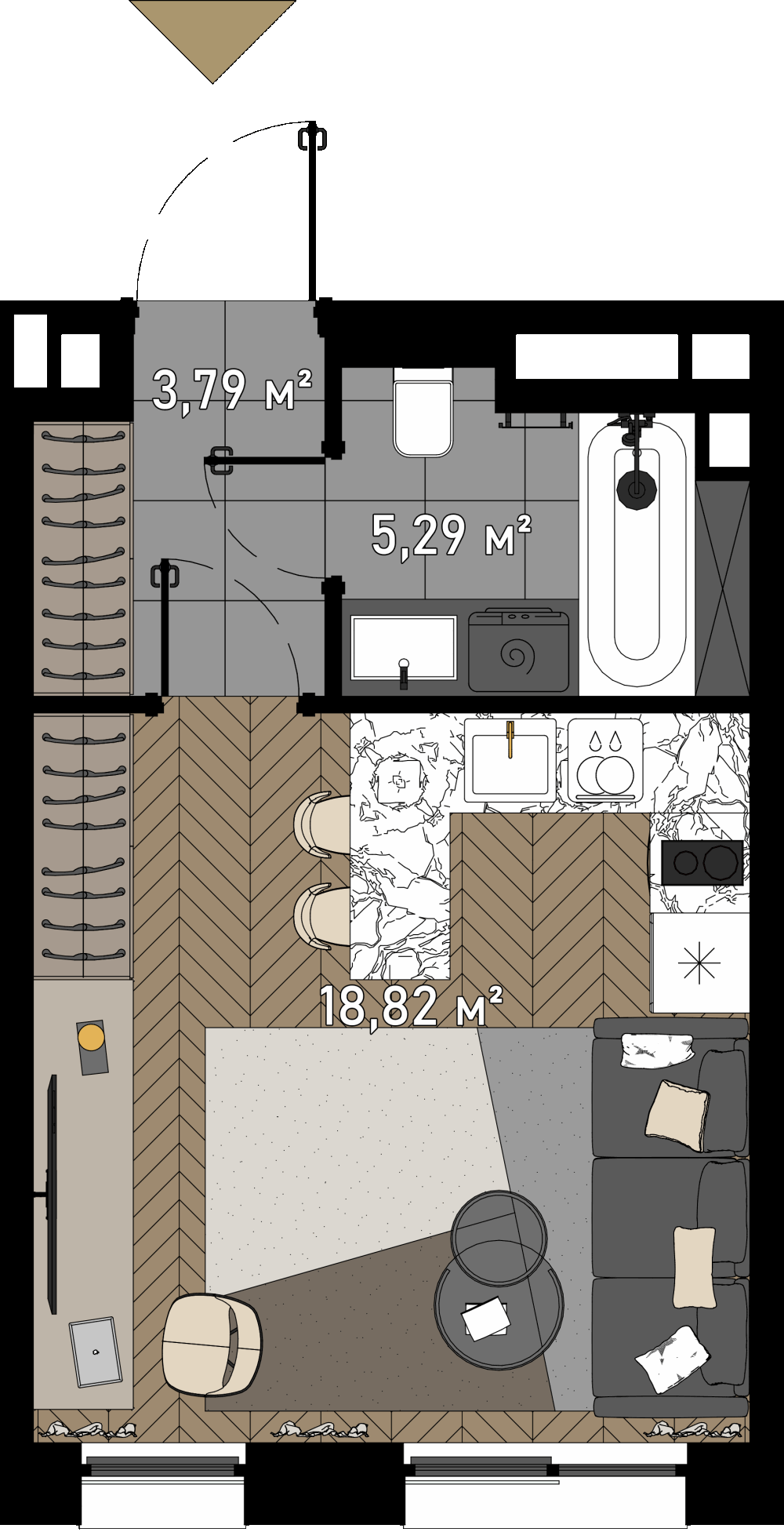 1 комн. квартира, 26.7 м², 1 этаж  (из 23)