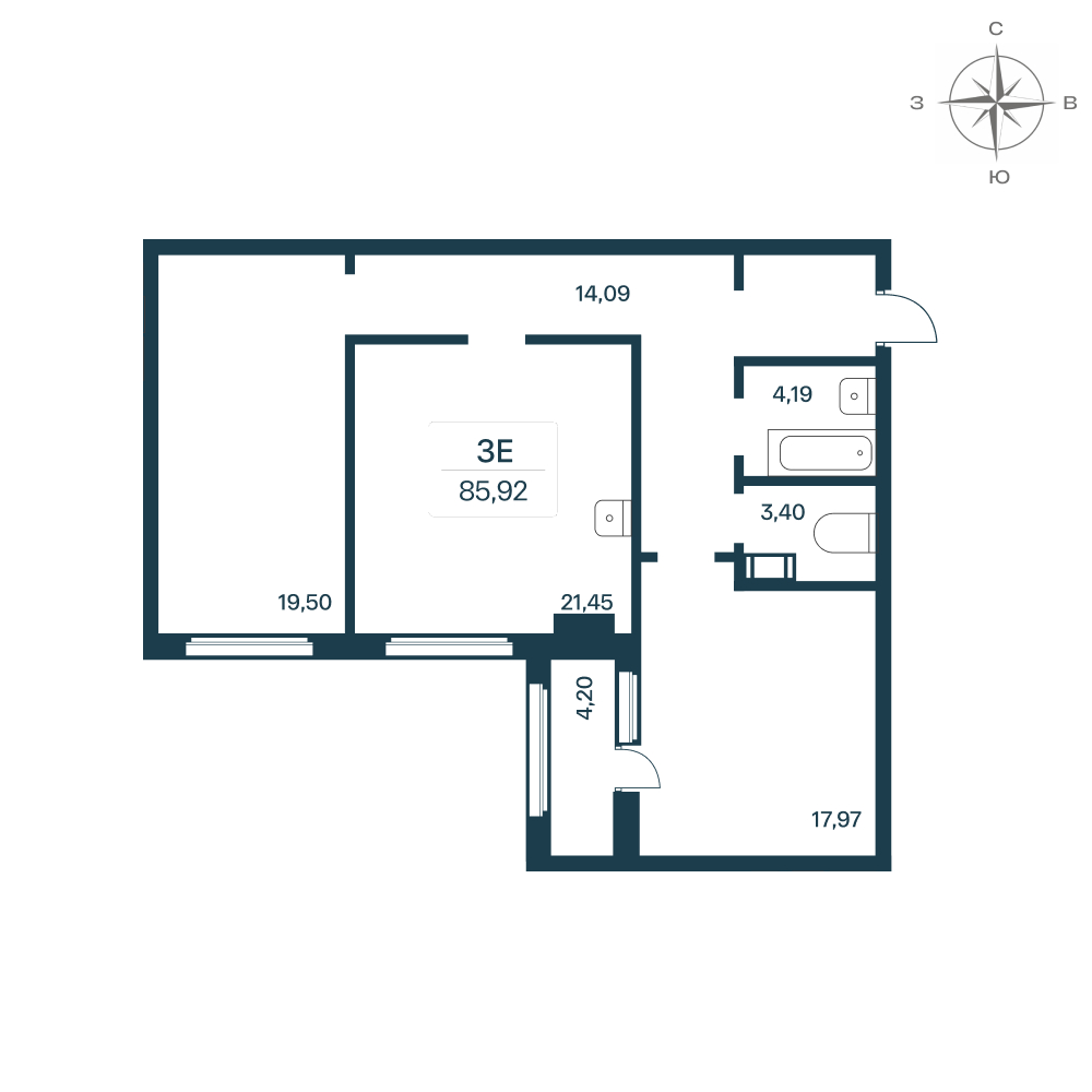 2 комн. квартира, 85.3 м², 9 этаж 