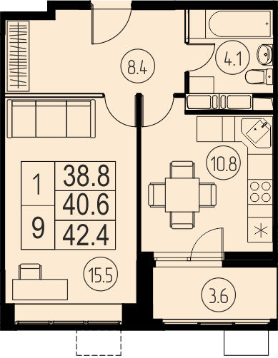 1 комн. квартира, 40.6 м², 15 этаж 