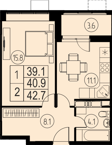 1 комн. квартира, 40.9 м², 13 этаж 