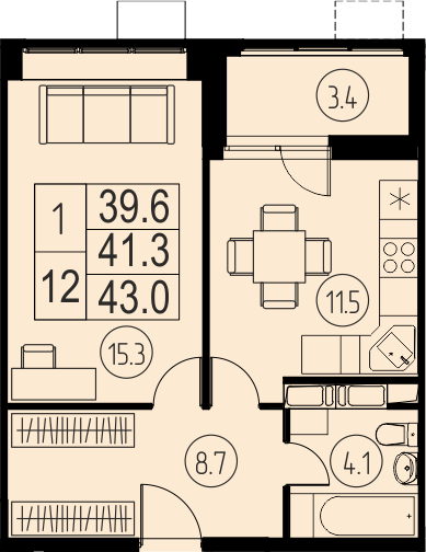 1 комн. квартира, 41.3 м², 15 этаж 
