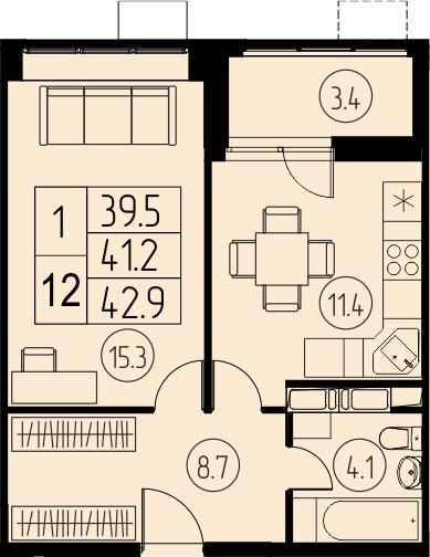 1 комн. квартира, 41.2 м², 17 этаж 
