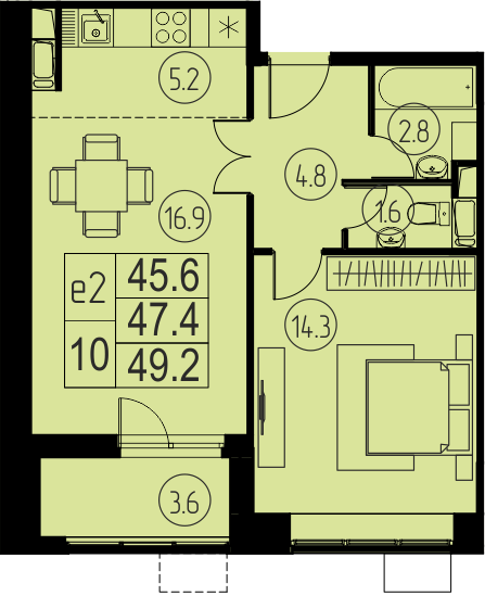 2 комн. квартира, 47.4 м², 16 этаж 