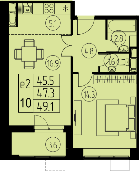 2 комн. квартира, 47.3 м², 17 этаж 