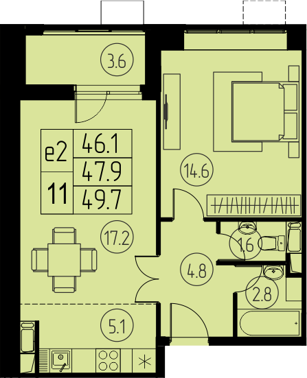 2 комн. квартира, 47.9 м², 17 этаж 