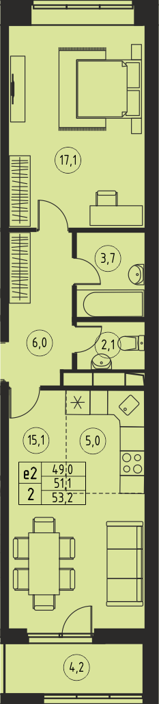 2 комн. квартира, 51.1 м², 16 этаж 