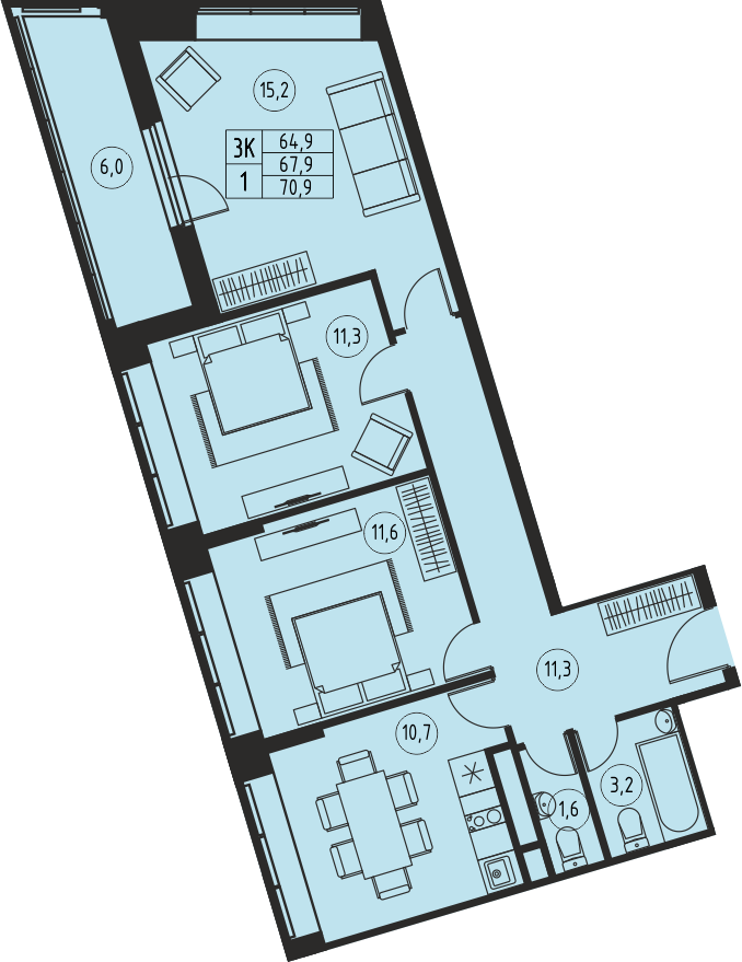 3 комн. квартира, 67.9 м², 17 этаж 