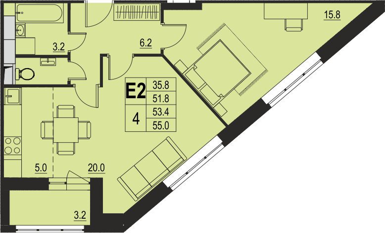 2 комн. квартира, 53.4 м², 12 этаж 