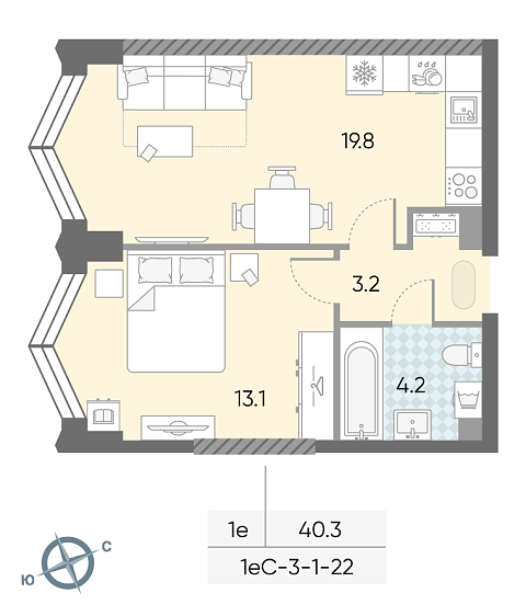 студия, 40.3 м², 19 этаж 