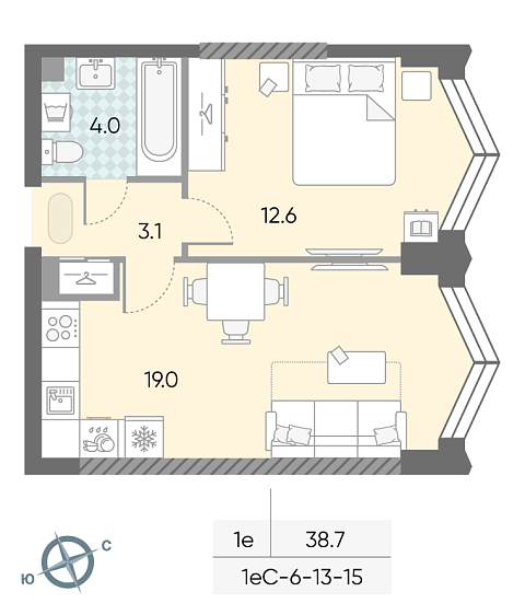 студия, 38.7 м², 14 этаж 