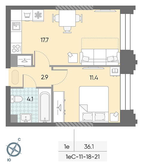 студия, 36.1 м², 32 этаж 