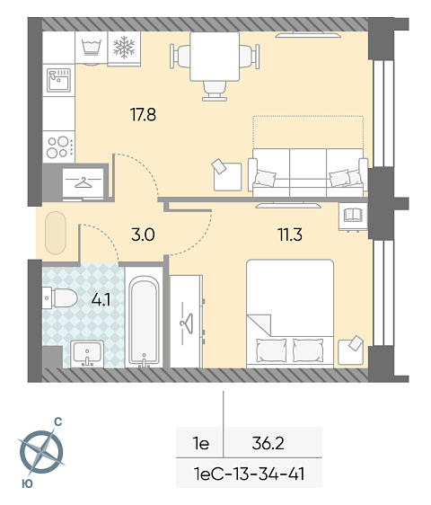 студия, 36.2 м², 34 этаж 