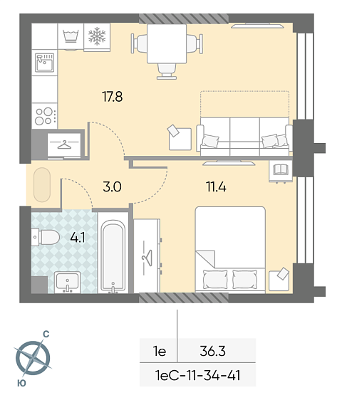 студия, 36.3 м², 34 этаж 