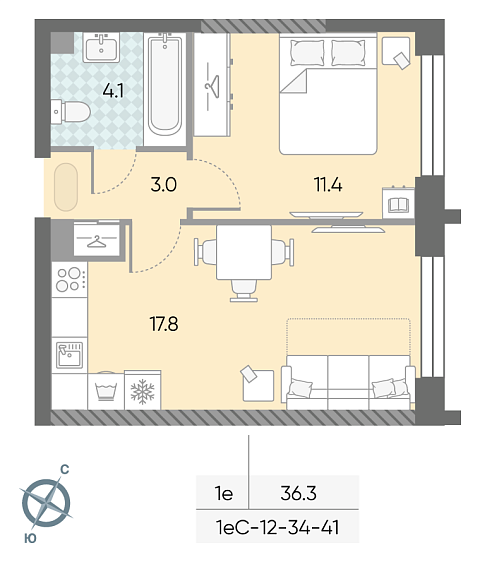 студия, 36.3 м², 35 этаж 