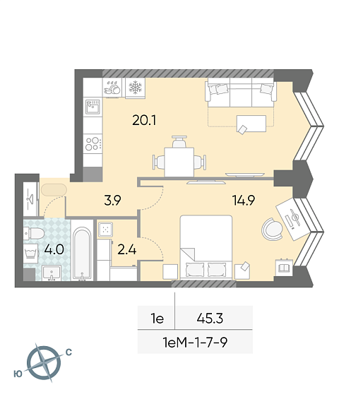 студия, 45.3 м², 7 этаж 