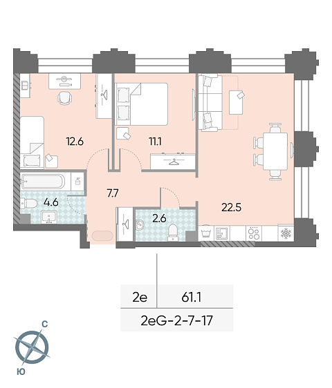 1 комн. квартира, 61.1 м², 9 этаж 