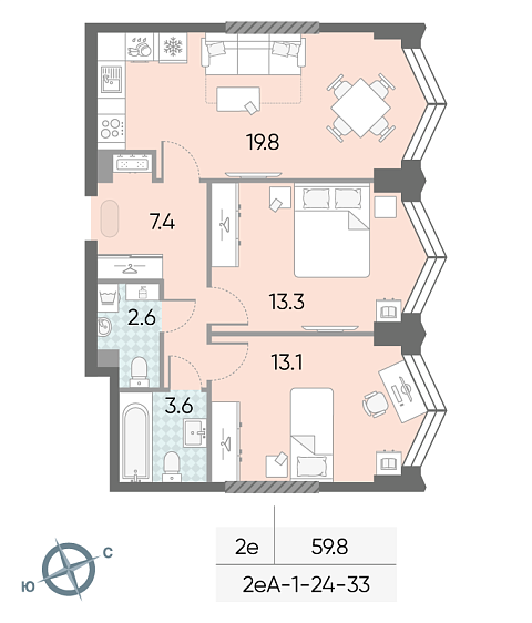 1 комн. квартира, 59.8 м², 25 этаж 