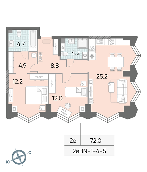 1 комн. квартира, 72 м², 5 этаж 