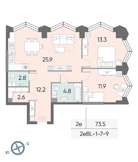 1 комн. квартира, 73.5 м², 7 этаж 