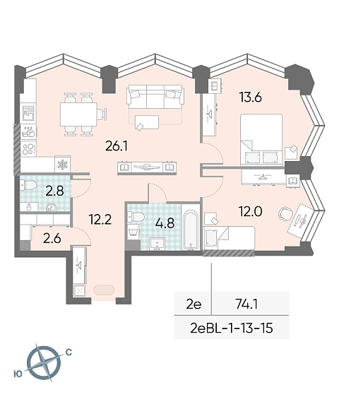 1 комн. квартира, 74.1 м², 14 этаж 