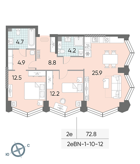1 комн. квартира, 72.8 м², 11 этаж 